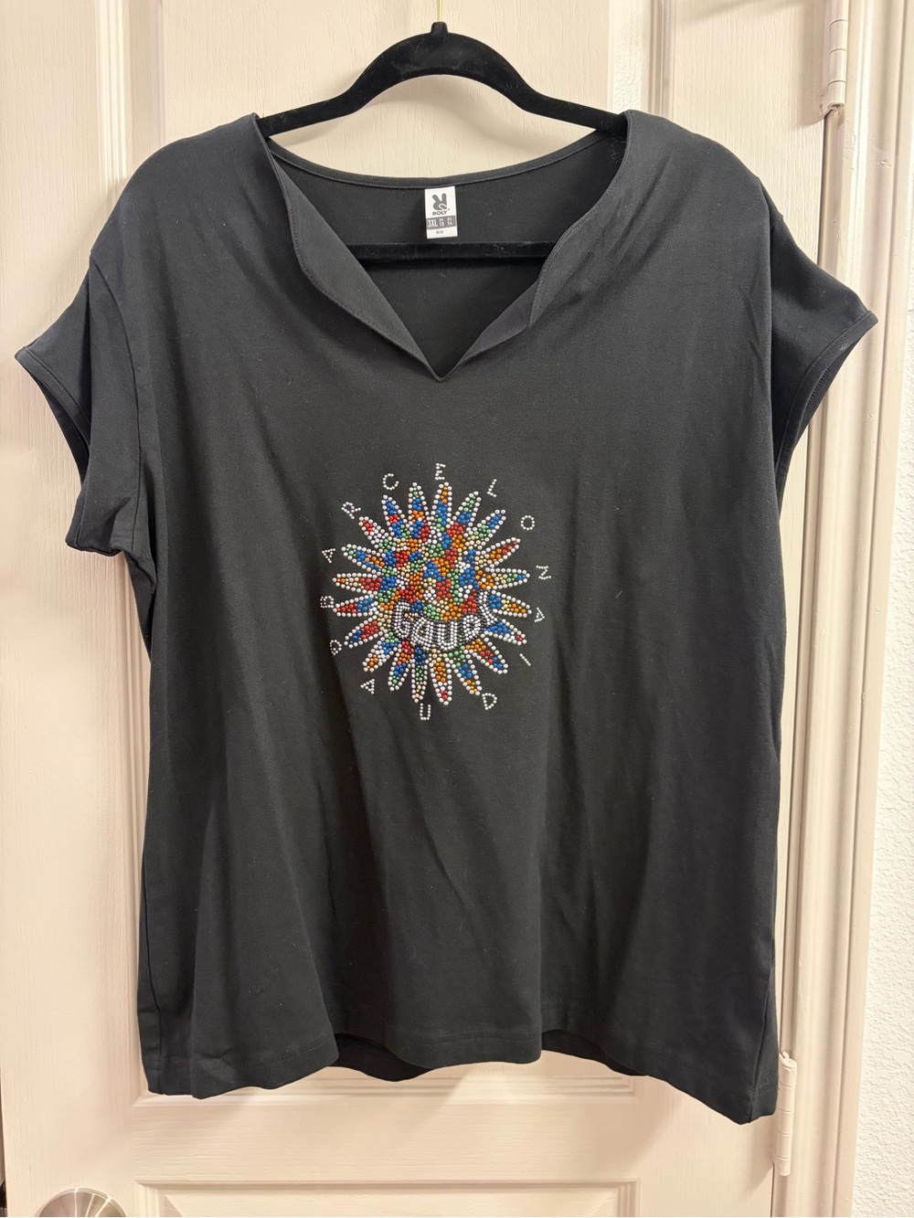 Rocky Black V-Neck Tee with Multicolor Beaded Sunburst
